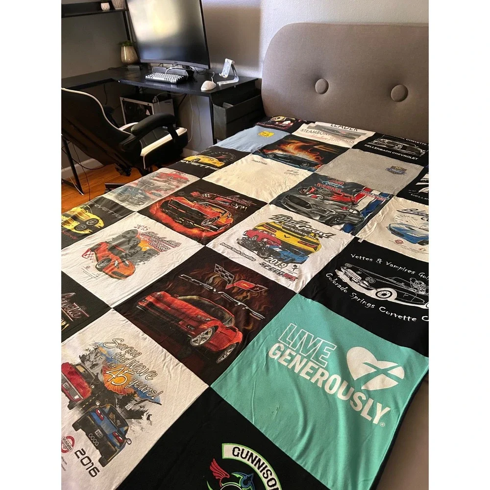 Double Sided Repurposed Upcycled T-shirt Blanket Car Lovers Blanket Twin Fleece